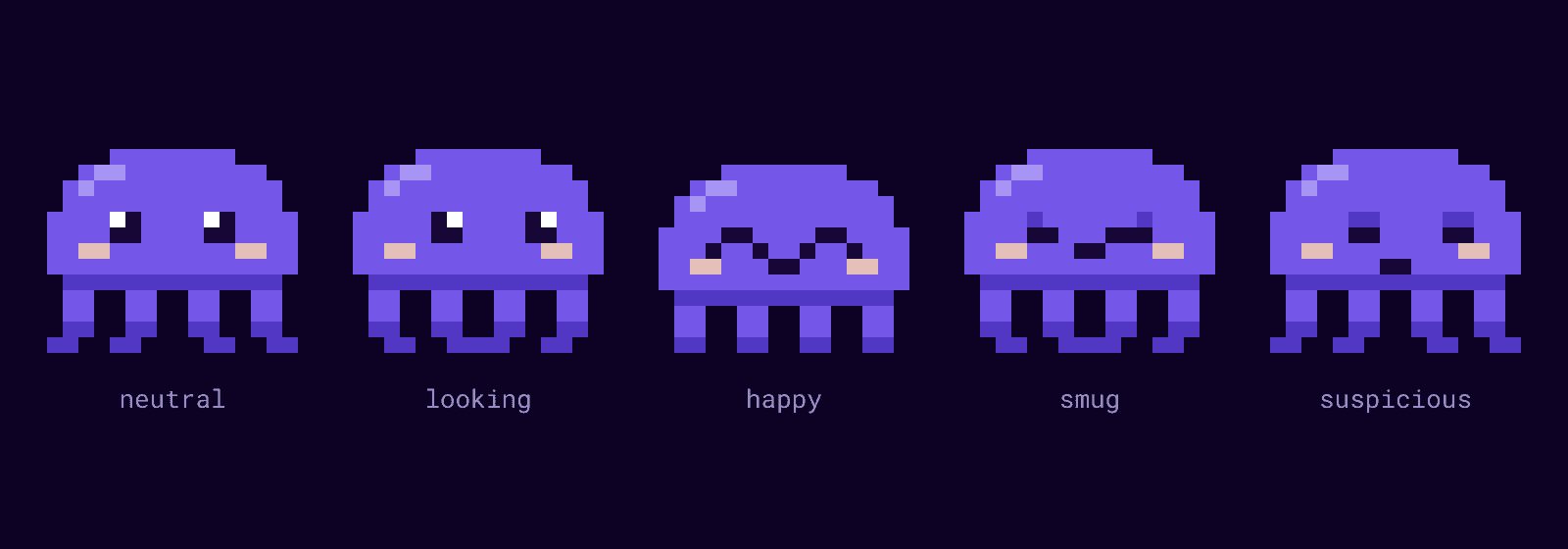 Five pixel-art Zeros: neutral, looking, happy, smug and suspicious.
