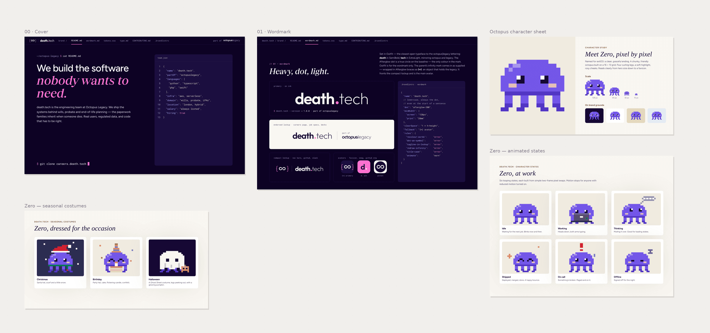 Design boards with the death.tech brand cover, the wordmark and several Zero character sheets.
