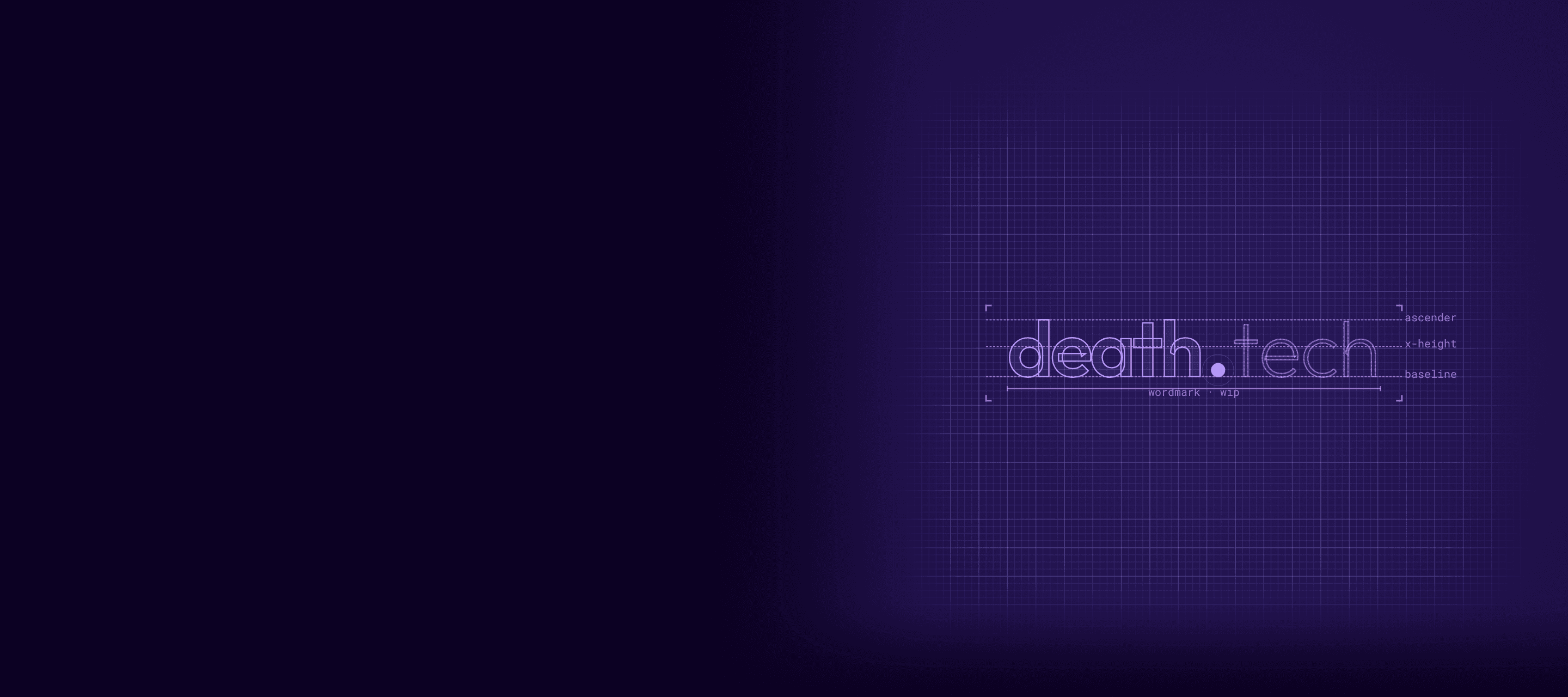 A blueprint drawing of the death.tech wordmark on a grid, with guide lines and a pink dot.
