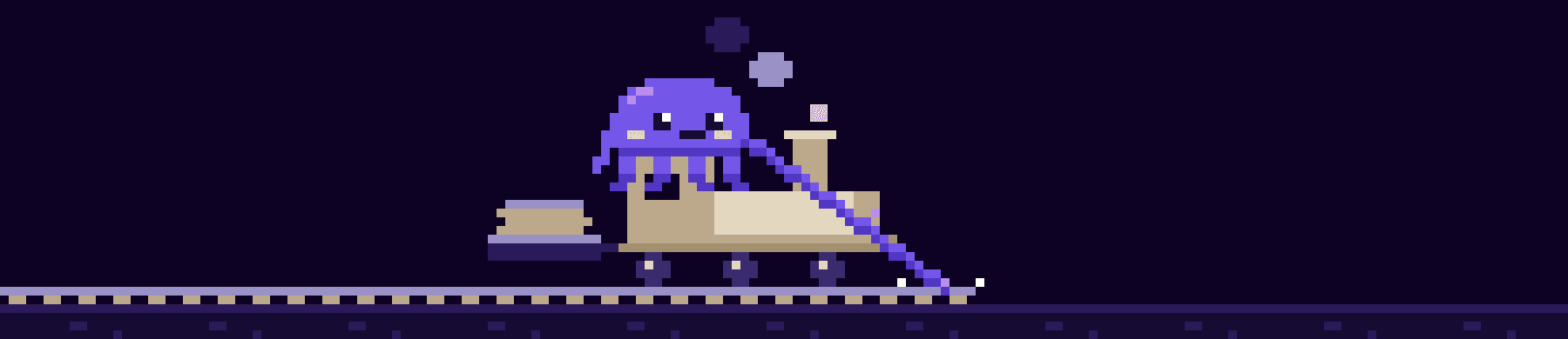 Zero, the pixel-art octopus, rides a toy steam train, laying the track in front of it with one tentacle as it goes.
