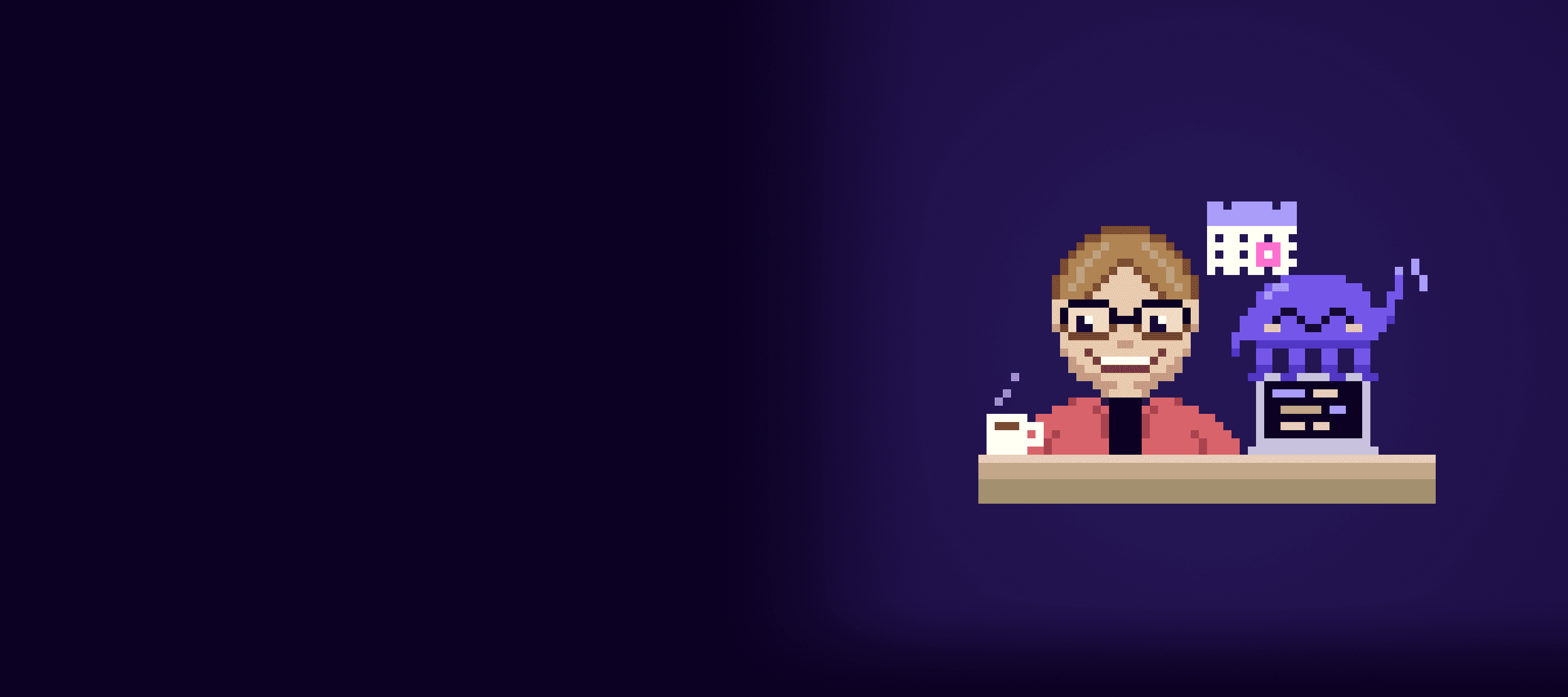 A pixel-art engineer smiles at a desk with a coffee and a laptop, Zero perched on top and a calendar overhead.