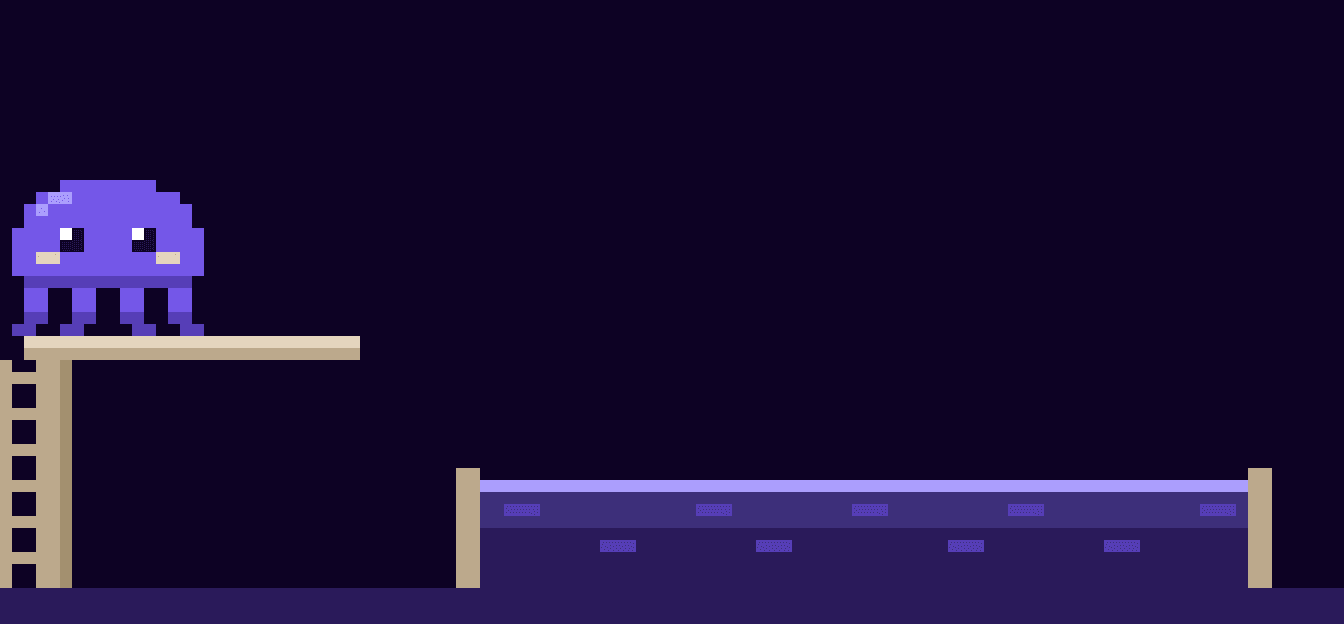 Zero, the pixel-art octopus, walks to the end of a diving board, jumps into the deep end of a pool with a splash, then pops back up and waves.