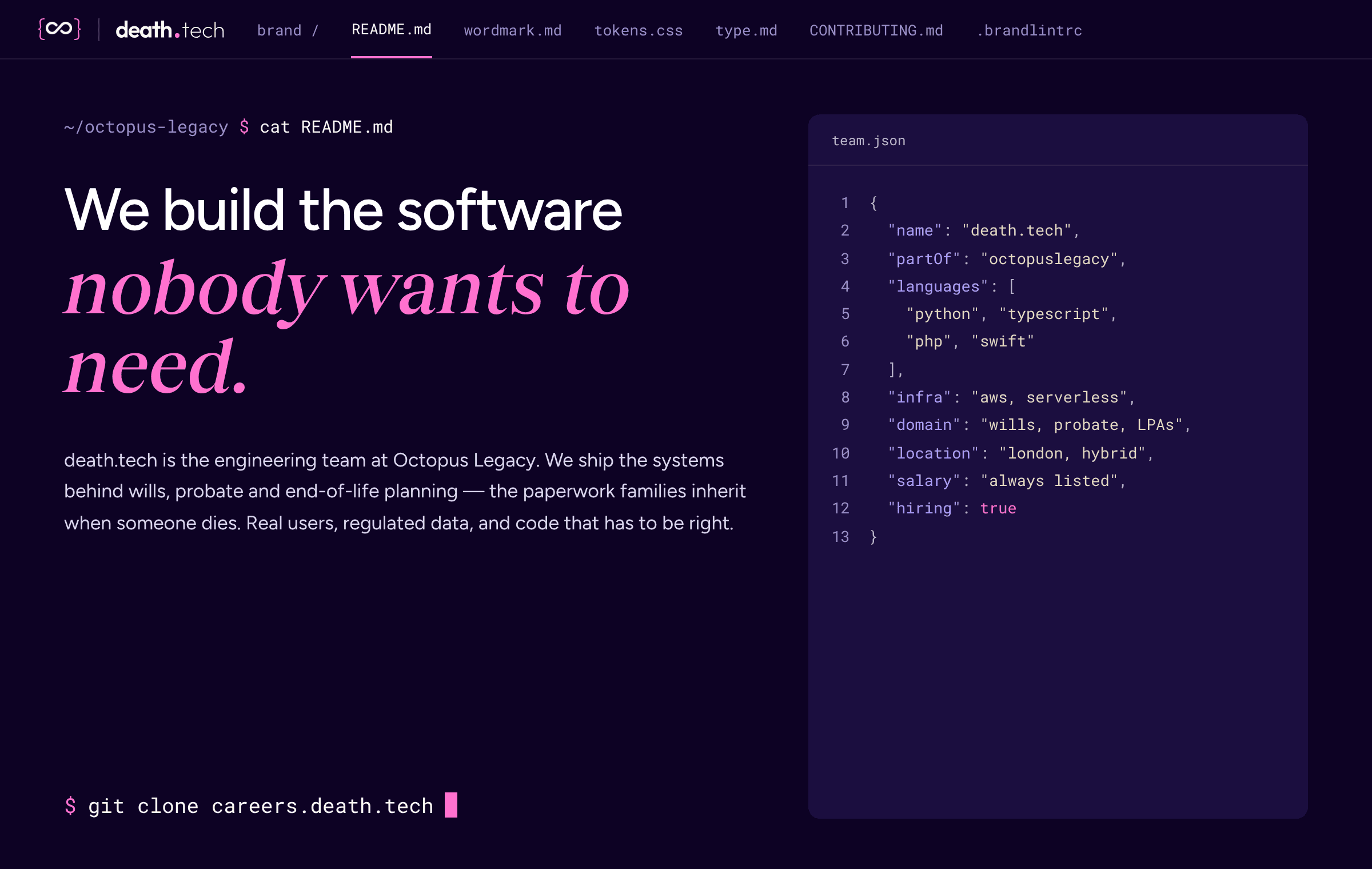 The death.tech brand guide cover, laid out like a code repository with file tabs and a team.json file.